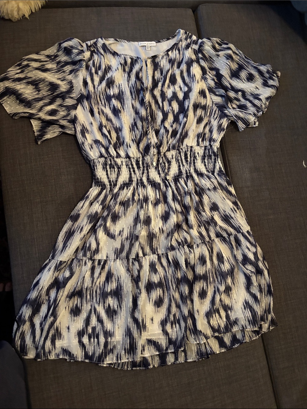 Smocked Waist Navy & Cream Printed Midi Dress